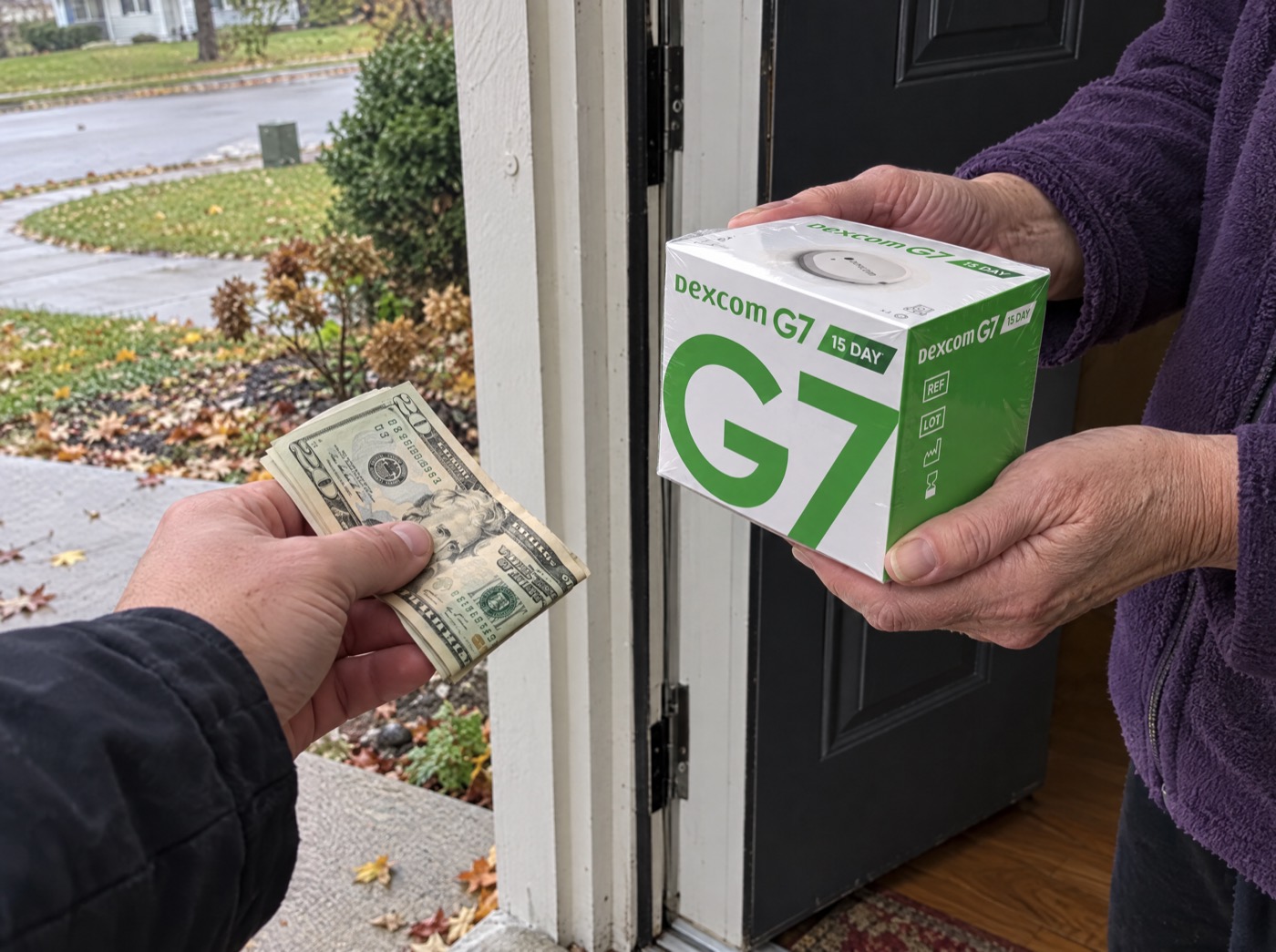Cash payment handed over at a front door for a sealed Dexcom G7 box