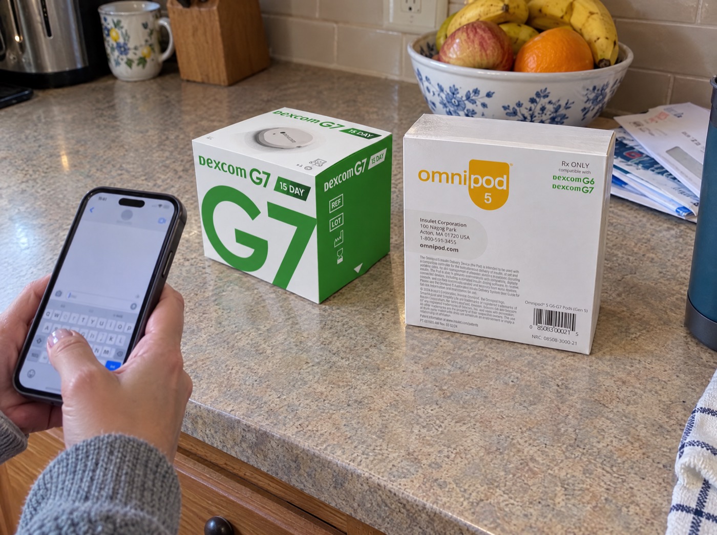 A seller texting about sealed Dexcom G7 and Omnipod 5 boxes on a kitchen counter