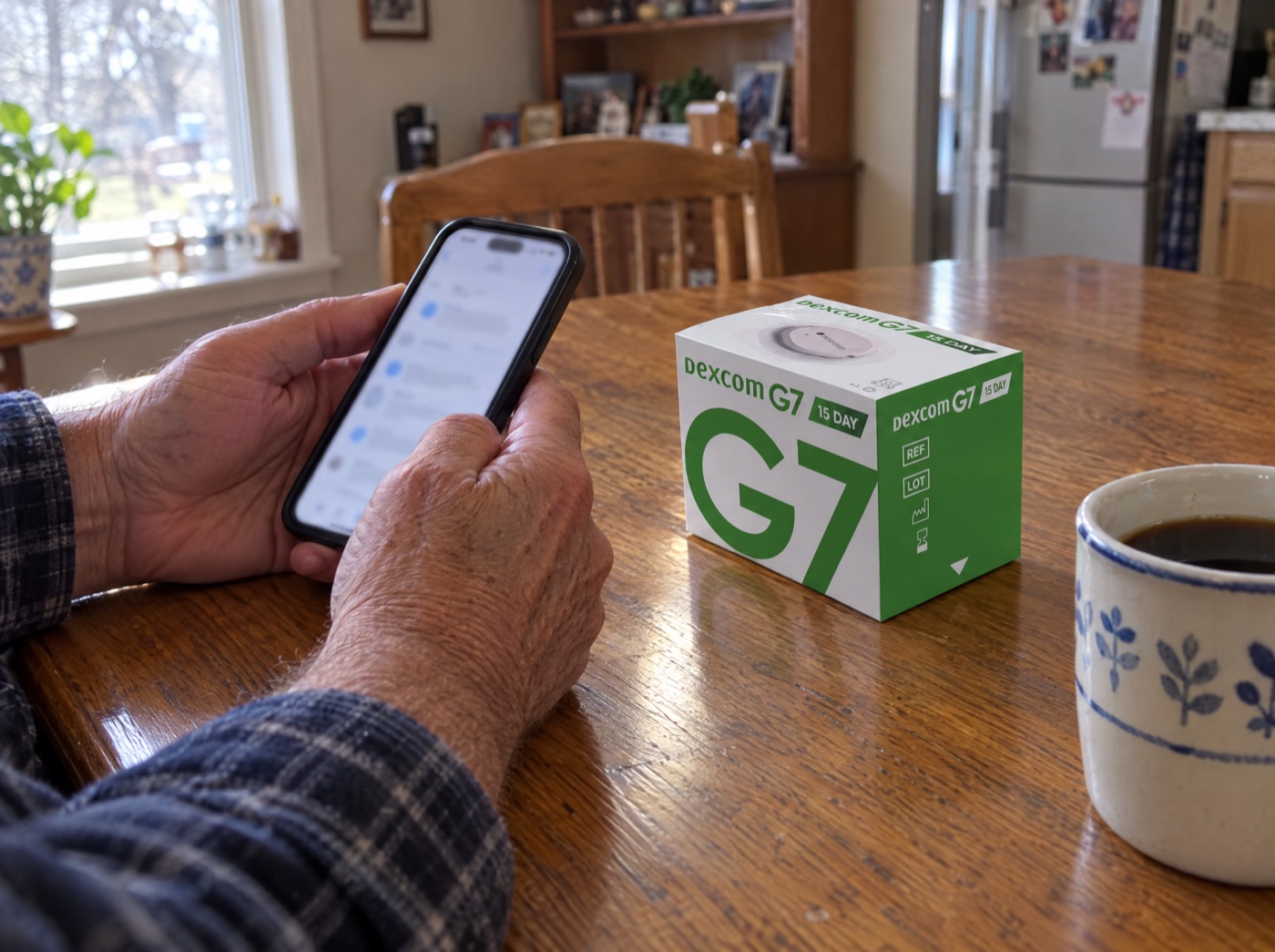 A seller reading a quote on his phone at the kitchen table